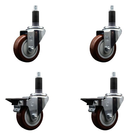 Service Caster 3.5'' Maroon Poly Wheel Swivel 1-1/8'' Expanding Stem Caster Set 2 Brakes, 4PK SCC-EX20S3514-PPUB-MRN-2-PLB-2-118